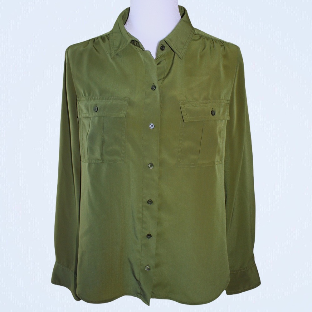 TALBOTS Petites Olive Green Long Sleeve Blouse Button Down w/ Front Pockets